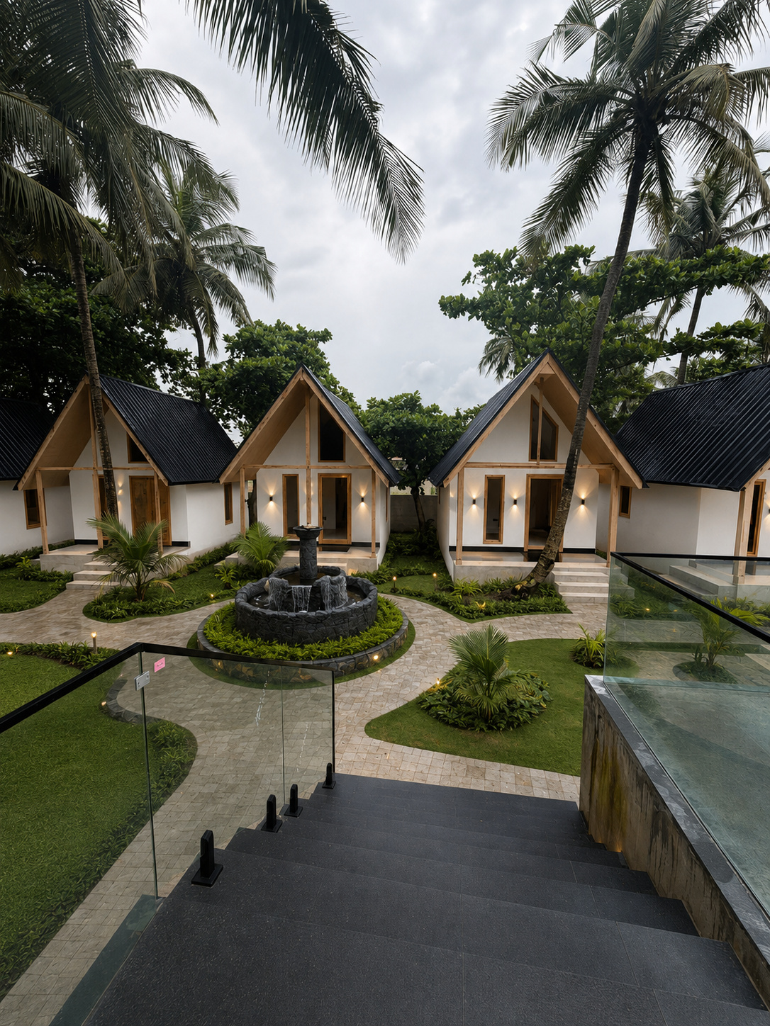Fountain courtyard among the A-frames